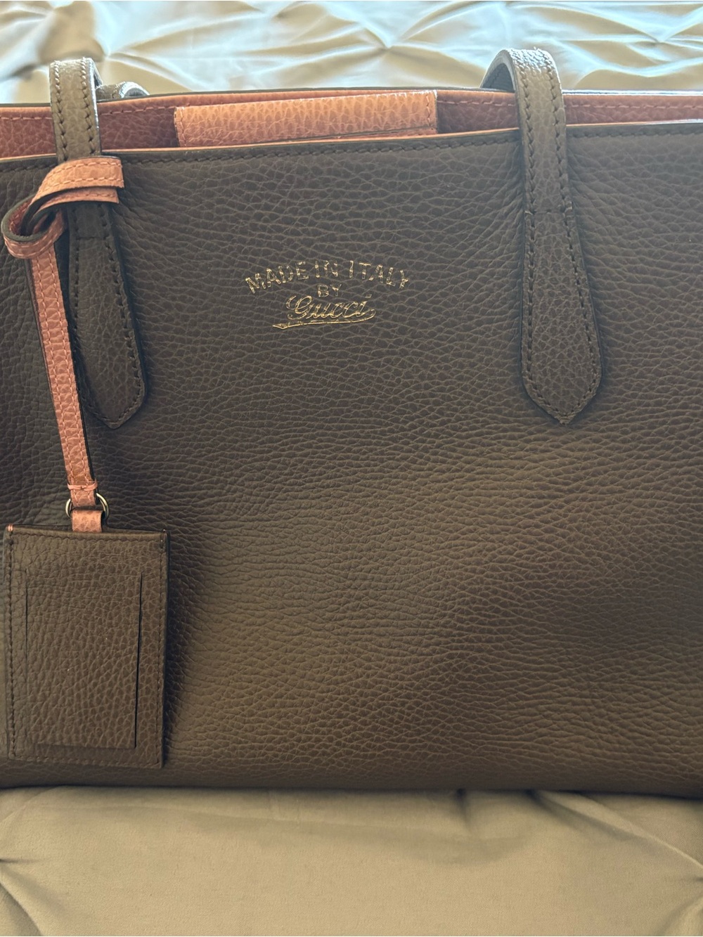 Gucci Dark Brown Pebbled Leather Tote with Pink Trim